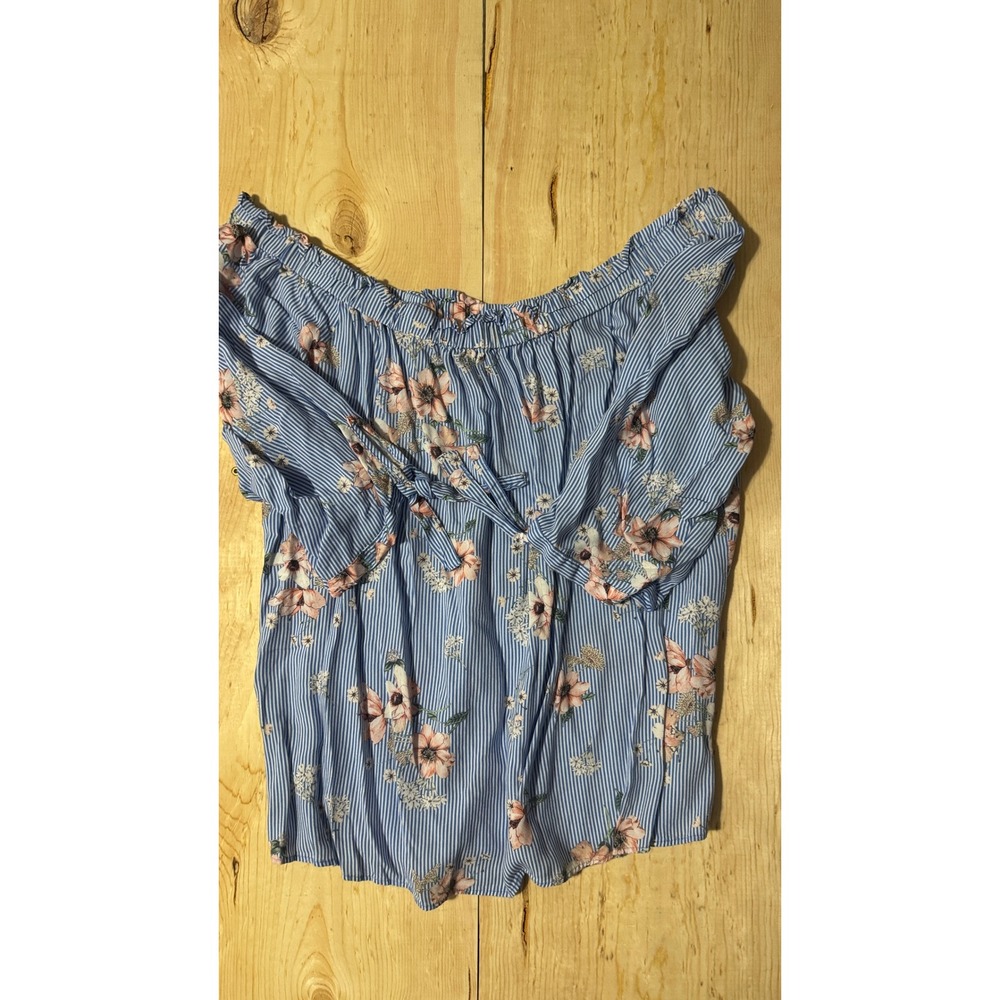 F&Fβ Blue Striped Floral Off Shoulder Bardot Top Women US 12